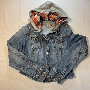 Wallflower Womens Blue Jean Jacket w/Flannel Detachable Hood Size L Button Hoid